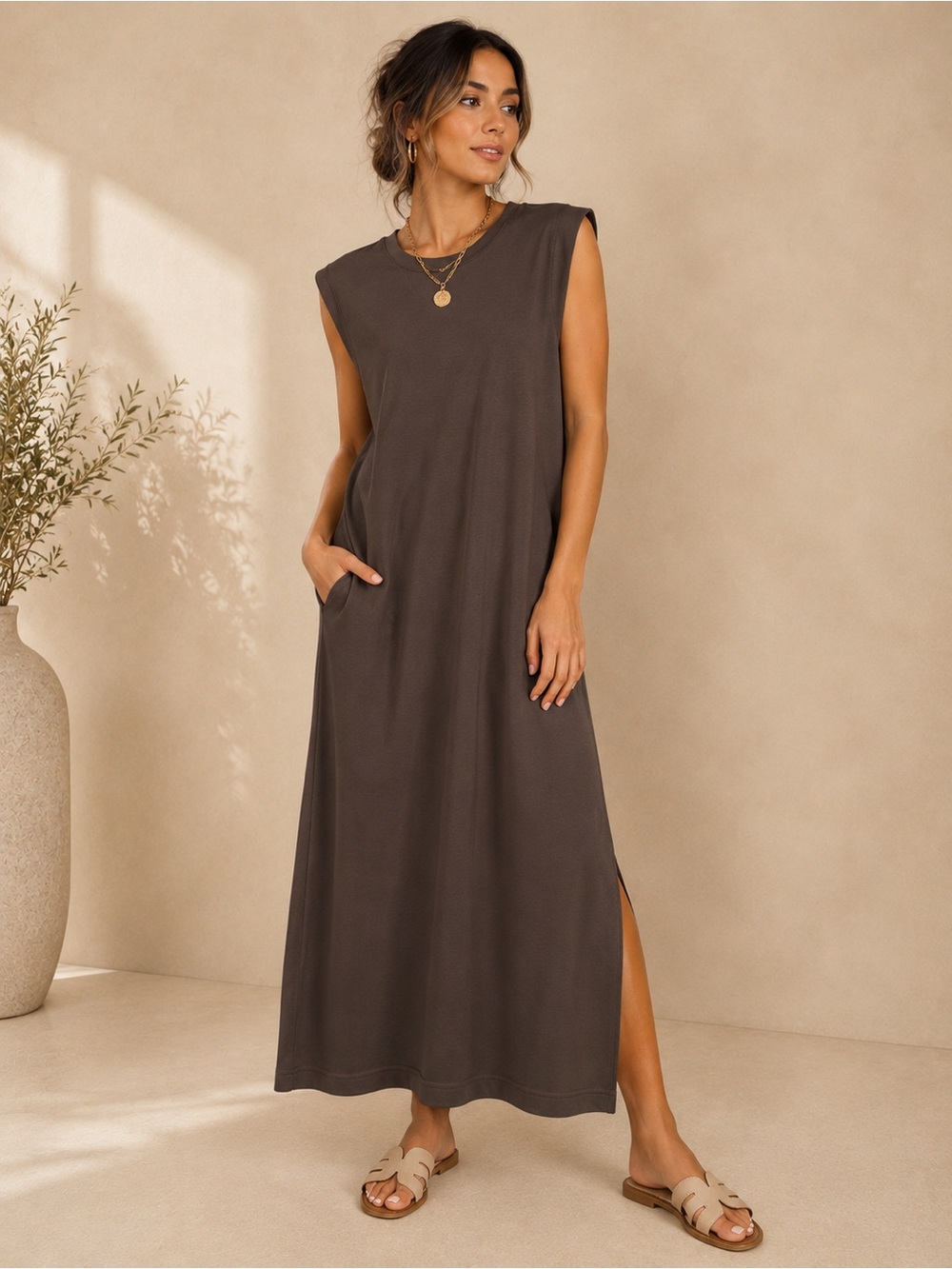 Sleeveless Brown Midi Dress with Side Slit